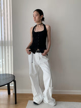 Single buckle ホルターネックレースアップノースリーブ Tシャツ