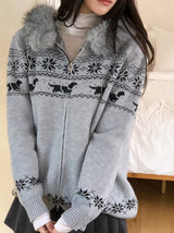 Nordic Fur Hood Knit Zip-up (2color)