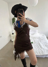 レースサテンアンバランススリップミニドレス (BROWN)