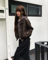 Janu Check String Pocket Leather Layered Hooded Jumper