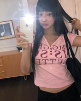 ピュリットレタリングボタンVネック半袖Tシャツ