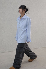 Lettering sleeve striped shirt - Blue