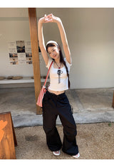 Lace Black Side Shirring Casual Pants