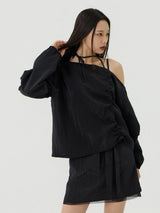One-shoulder Blanc Ribbon Shirring Detail Top, Black