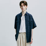 [bandana necklace set] washed check linen 2 pocket half shirt navy