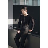 Leather ribbed henry neck long sleeves(Black)