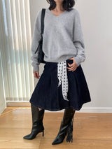 Dark blue raw cotton flared pleats midi skirt