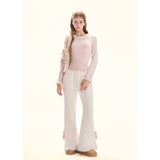 [GirlyFancyClub] cream puff*bow tie slit soft and glutinous hanging down slim mink woolen bell-bottom pants