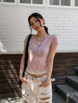 See-through layered button cap sleeve short sleeve