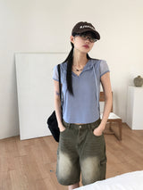 Holka メッシュキャップスリーブハーフジップアップ半袖フード付きTシャツ