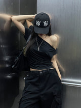 ドレープ シャーリング アンバランス オフショルダー Tシャツ