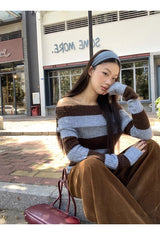 wool mohair stripe off-shoulder long-sleeved knitwear