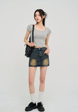 [U-BASIC] Poke Span Square Cap Sleeve T-Shirt