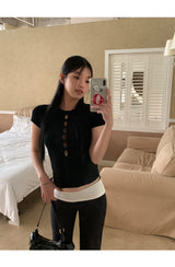 Hollow slit slim ribbed short sleeve tee