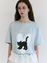 ハートキャットフレンズルーズフィットTシャツ スカイ