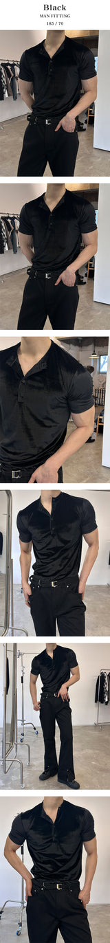 [MUSCLE FIT] ベルベットゴルジヘンリーネックハーフTシャツ