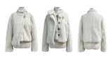 Classic Metal Wave Double Button High Neck Fur Coat (White)