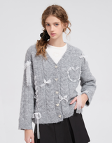 Dearlin Lace Oversized V-Neck Knit Cardigan Gray