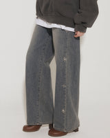 STUDS BRUSHED LINING STRAIGHT LEG JEANS [BLUE]