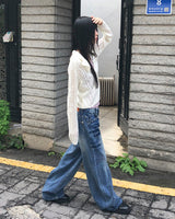 ボアスタッドアイレットポケットワイドフィットウォッシュデニムロングパンツ