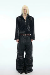 Studded Spine Embroidered PU Leather Jacket
