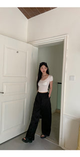 Embo bead wide banding casual pants