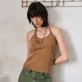 Beads Pigment Halter Neck Sleeveless Brown
