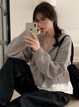 Pocket Crop Loose Hood Knit Cardigan (5color)