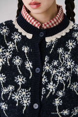 Flower Wool Cardigan [Navy]