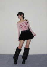 VELOUR BALLOON MINI SKIRT WITH STITCH BELT SET (BLACK)
