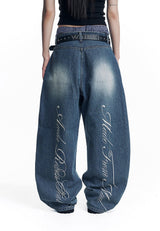 Stripe Lettering Denim Pants - Medium Blue