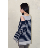 オーバーロックオフショルダーTシャツ: ST. ネイビー