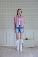 LOVELY CHECK LACE CROP SHIRT