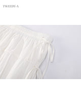 Double ribbon lace banding flare skirt white