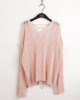 Seomit punching two-way eyelet back strap V-neck overfit long sleeve knit