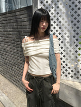 Sirom Ribbon Strap Ribbed Off Shoulder Short Sleeve T-Shirt