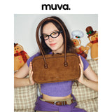 muva. Genuine‑Leather Cowhide‑Velvet Boston Bag, Large‑Capacity Original Niche Shoulder Purse for Autumn Winter, New Arrival Sep 3