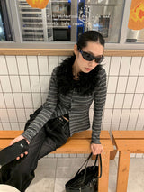 Black fur striped knit cardigan