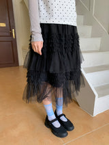 Juril Mesh Frill Tiered Elastic Midi Skirt