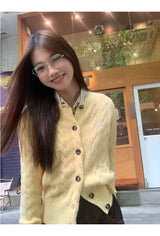 Yellow Twisted Button Round Cardigan
