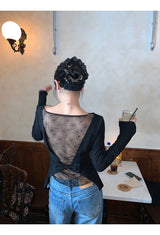 Black bag see-through pad bow long-sleeved shirt