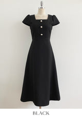 Nedel Square Neck Tweed Flare Long One Piece