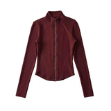 velvet line half-turtleneck zip-up slim top