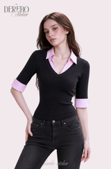 Pink black steady collar V top