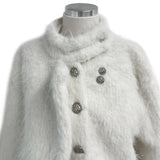 Classic Metal Wave Double Button High Neck Fur Coat (White)