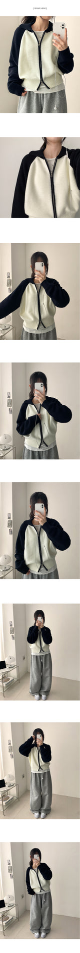Sera collar color matching nagrang two-way knit zip-up