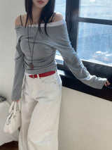 Milky Unbalance Off-Shoulder Boatneck Shirring Long Sleeve T 