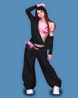 pink stone black denim pants