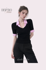 Pink black steady collar V top