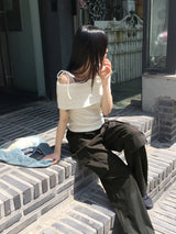 Sirom Ribbon Strap Ribbed Off Shoulder Short Sleeve T-Shirt